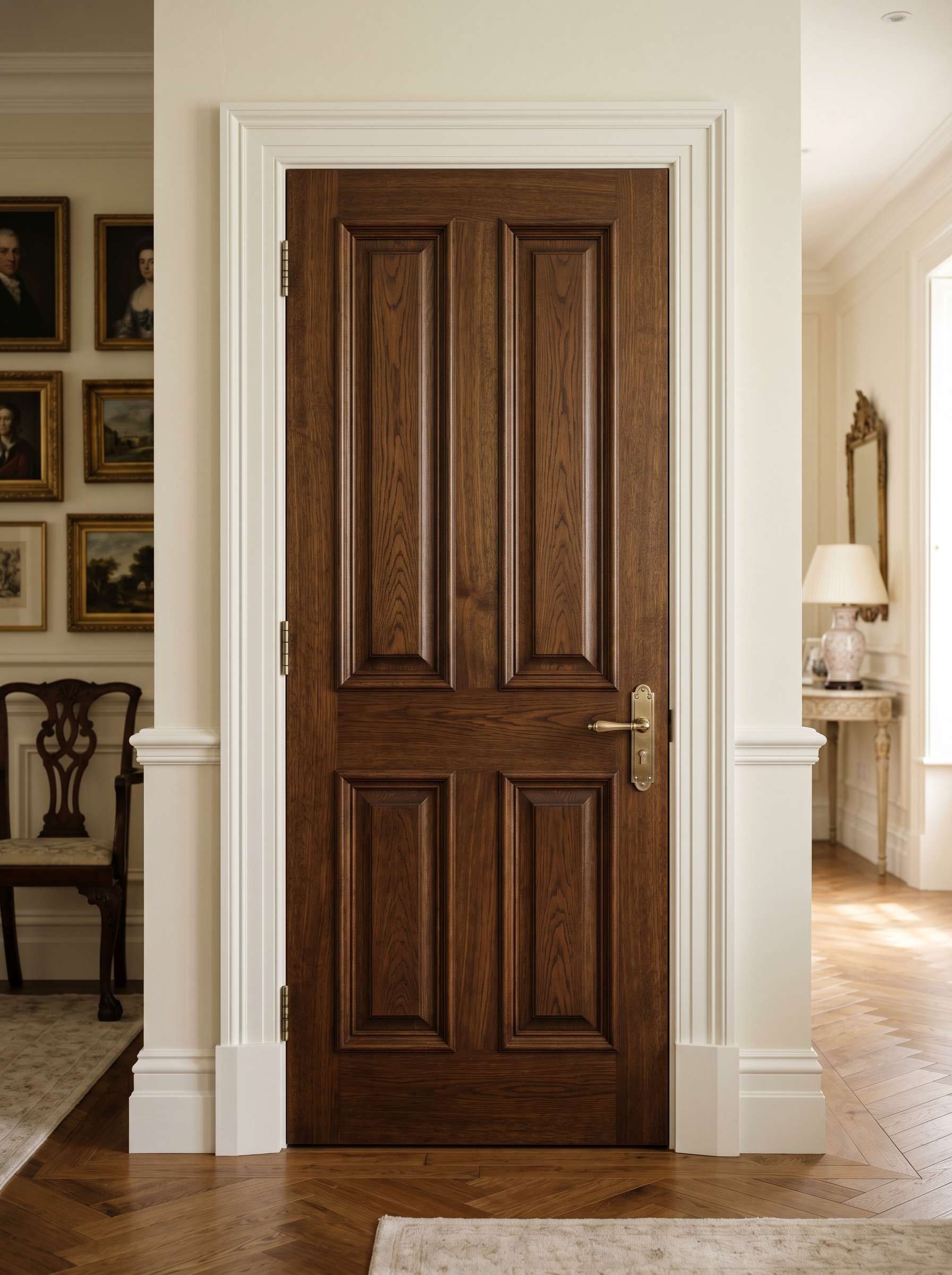 Classic four-panel walnut interior door with brass hardware, set in a traditional hallway with framed artwork and parquet flooring.