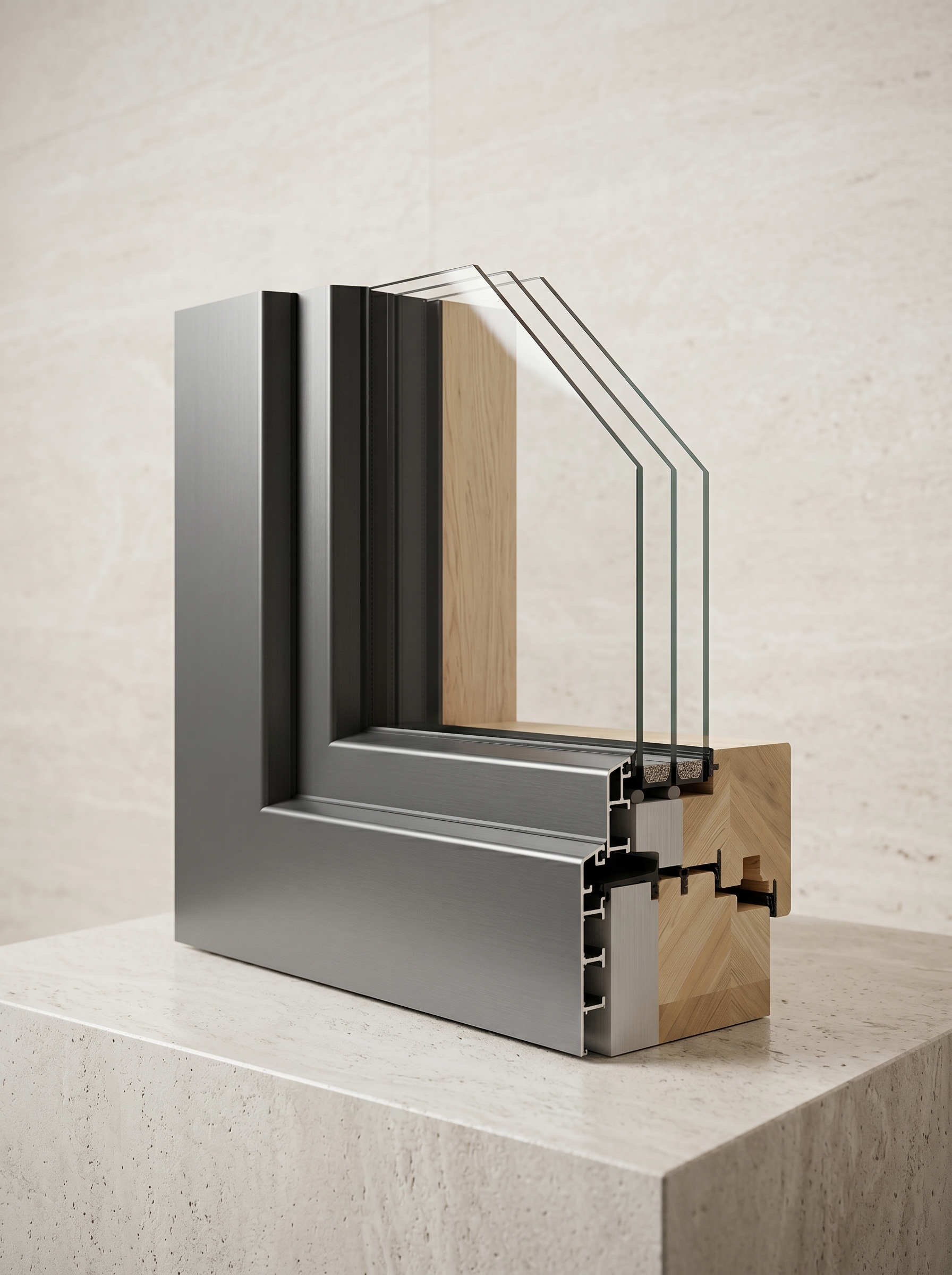 Cutaway render of the Gemini Passive window profile — wood and aluminium-clad construction with PHI-grade insulation.