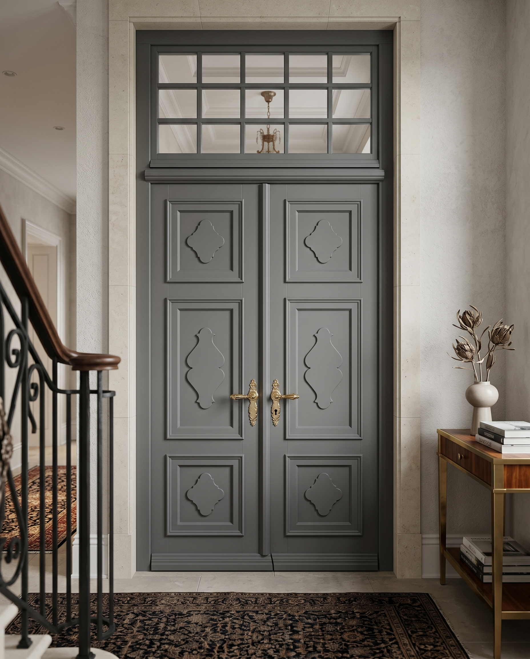 Bespoke grey-painted double interior doors with transom in a stair hall.